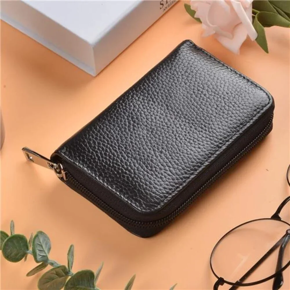 Leather RFID Credit Card Holder Wallet with Zipper and 26 Card Slots Small